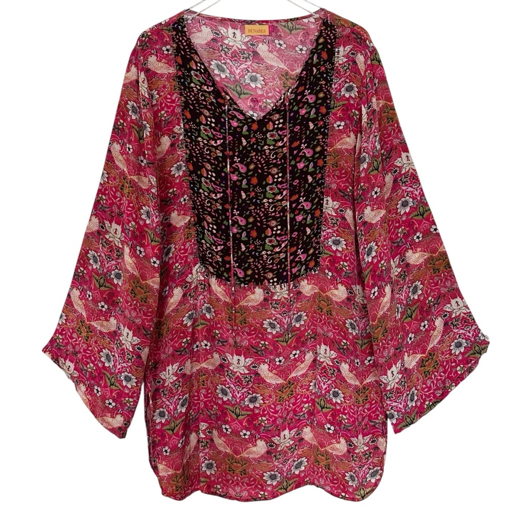 Benares Bird Floral Print Boho Tunic Dress Size XL